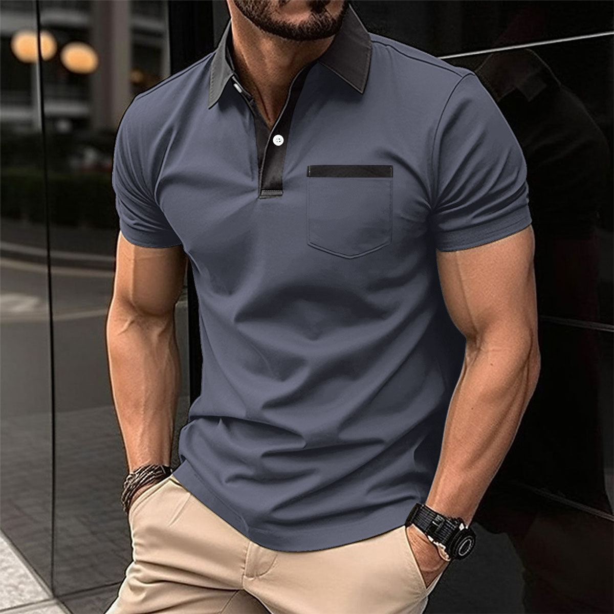 New Men's Business Casual Sport Pocket Short Sleeve Turn-Down Collar Polo Shirt Breathable