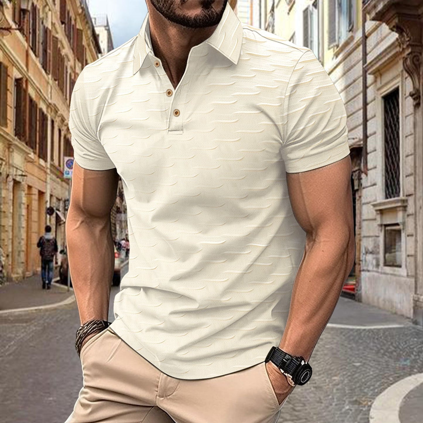 Ins Summer New Minimalist Solid Color Men's Button Jacquard Casual Short Sleeve Polo Shirt