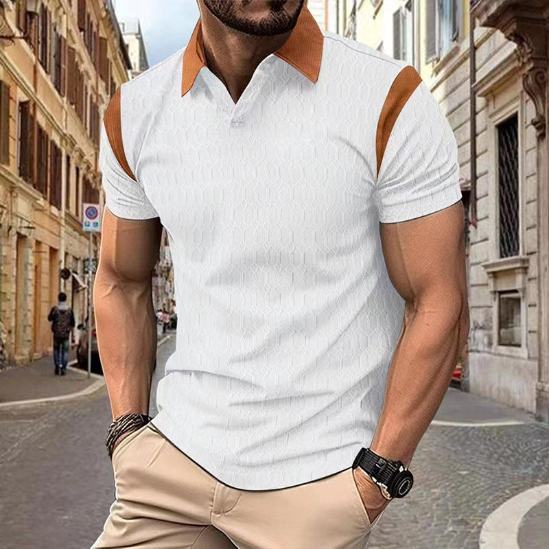Summer New Slim Fit Polo Shirt Men Waffle Knit Jacquard Color-Block Turn-Down Collar Men's Wear Short Sleeve