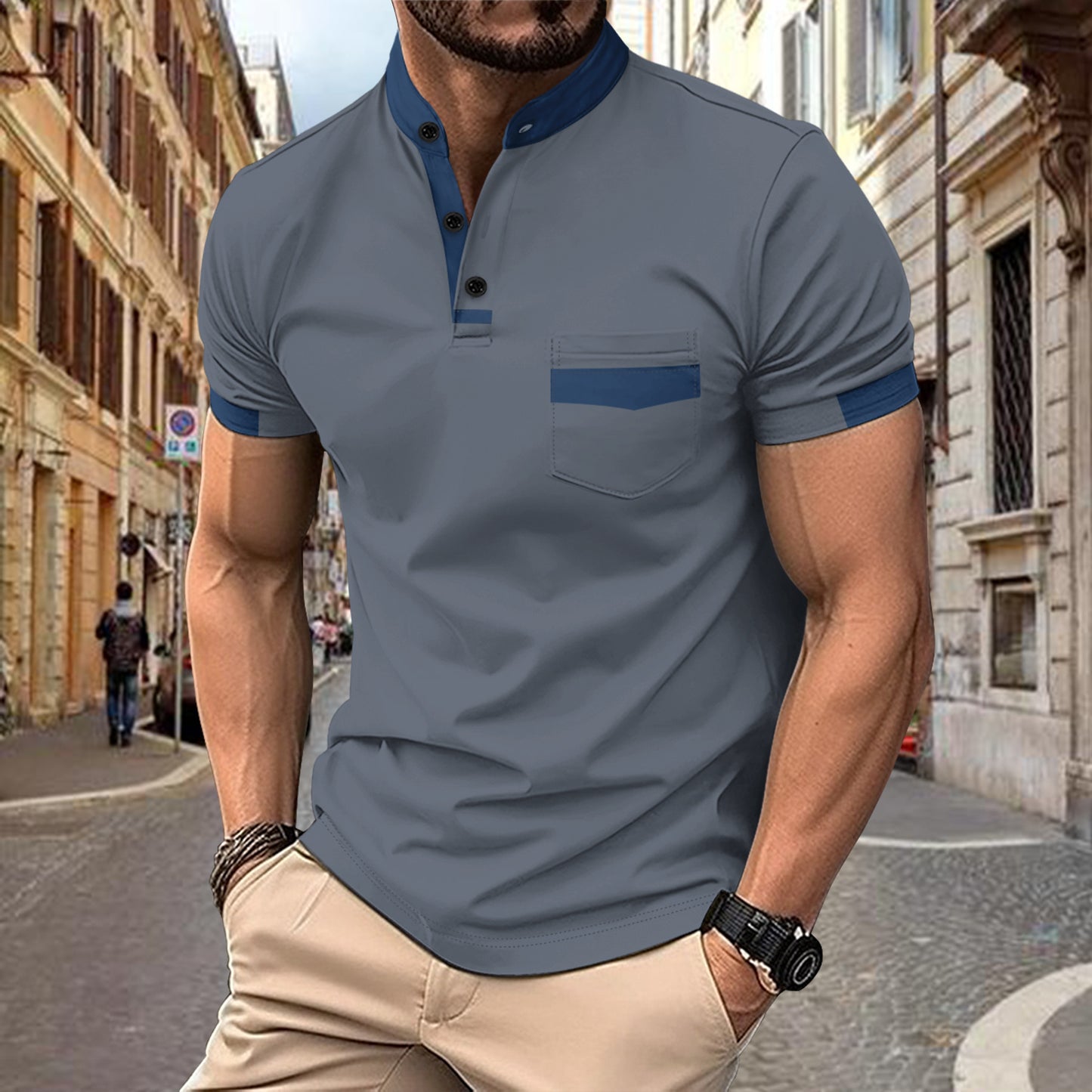 Ins Summer Polo Shirt Color Insert Stand Collar Men's Sport Polo Shirt