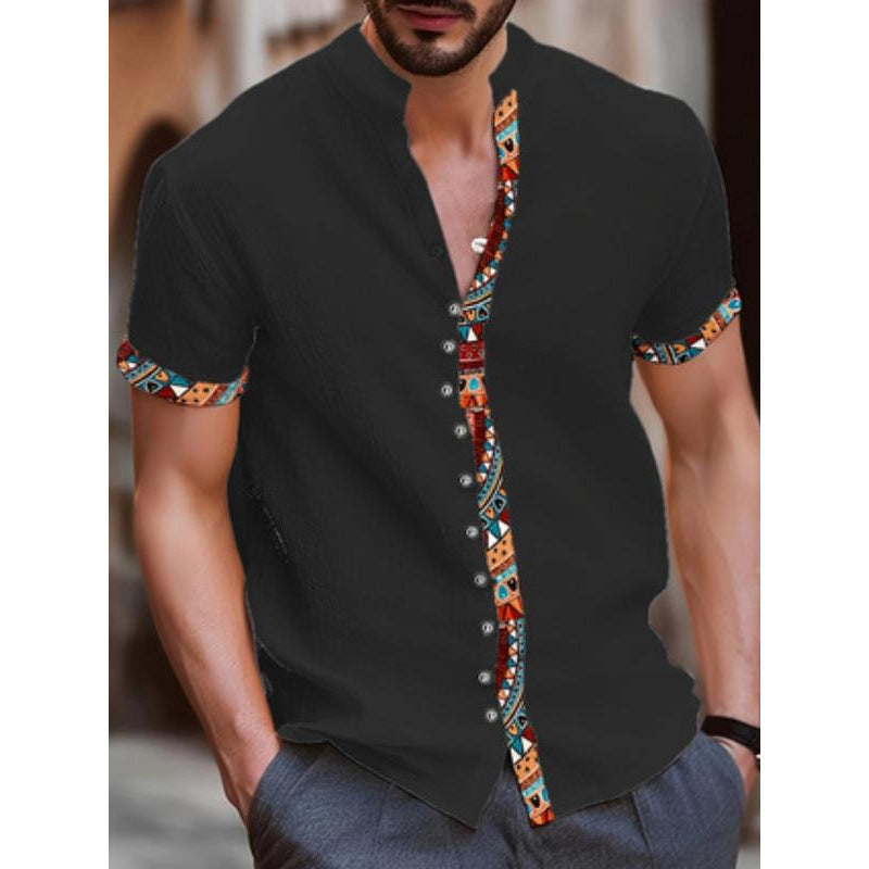 Men's Contrast Trim Tribal Print Vintage Short Sleeve Shirt