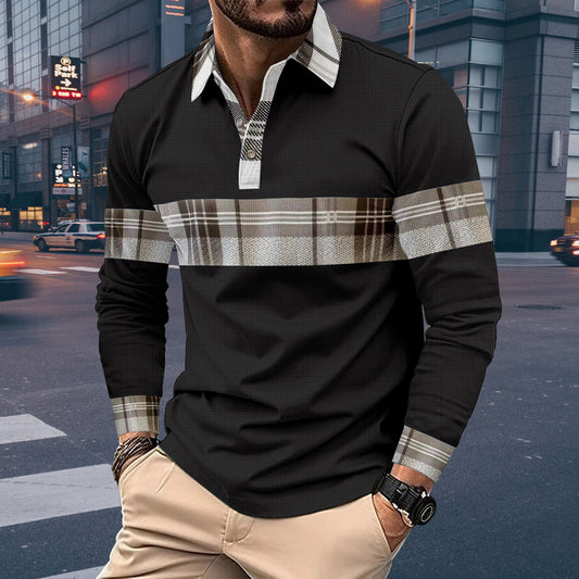 New Men's Casual Polo Shirt Long Sleeve Stripe Button Waffle Knit Print Long Sleeve