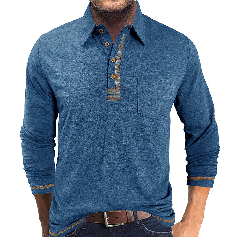 Men's Button-Down Collar Colored Cotton Long Sleeve Polo Casual Fashion Pocket Base Layer Top
