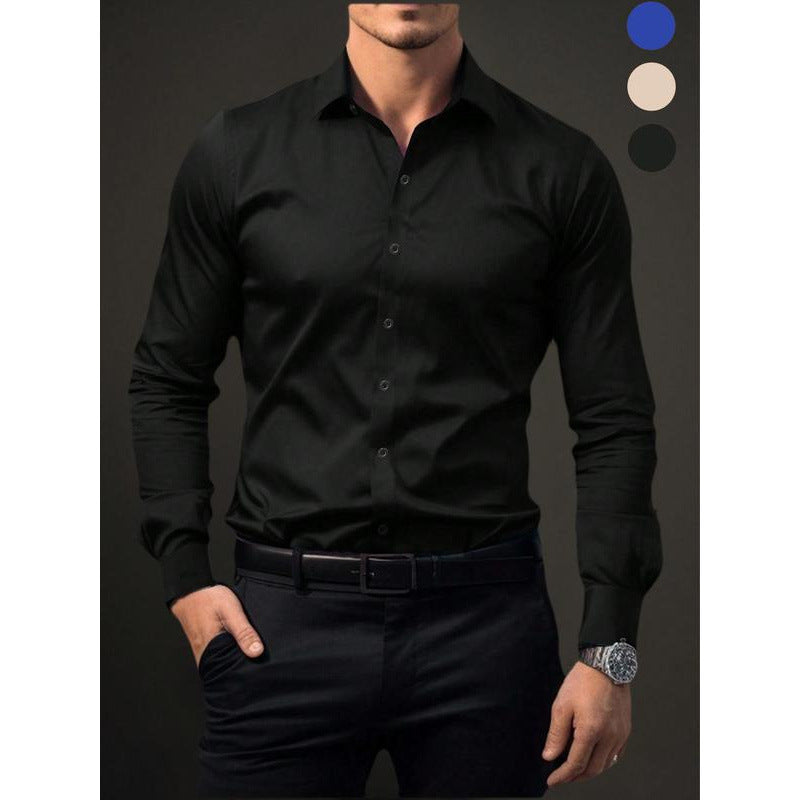 New Men's Solid Color Long Sleeve Button-Up Shirt Business Formal