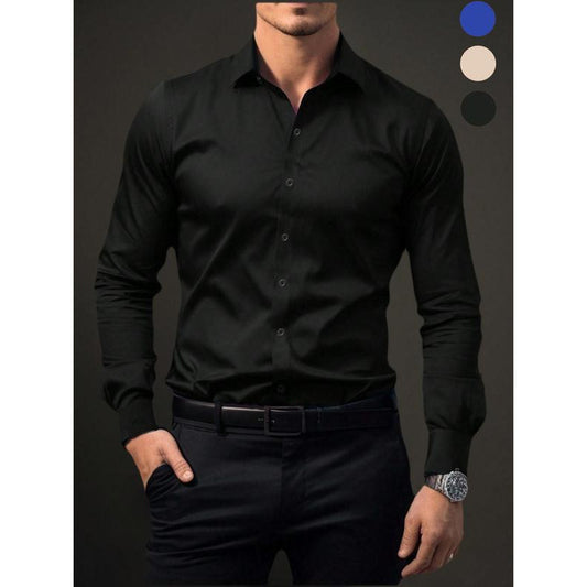 New Men's Solid Color Long Sleeve Button-Up Shirt Business Formal