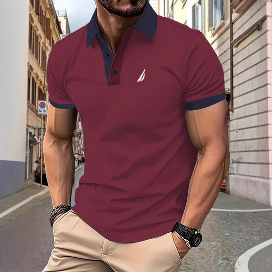Ins Summer Men's Color-Block Polo Shirt Sport Casual Button