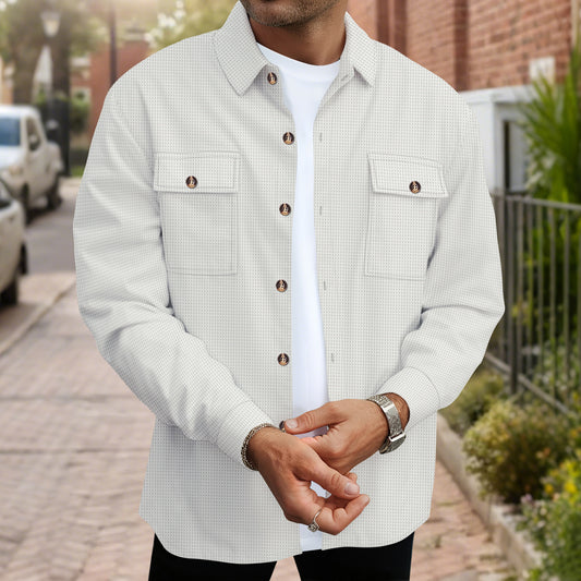 Mens Solid Color Waffle Knit Long Sleeve Button Down Shirt with Dual Pockets