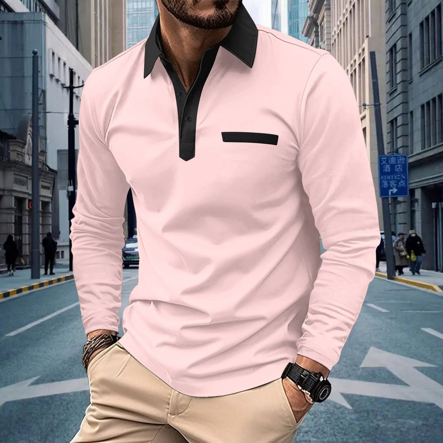 New Wish Autumn Men's Solid Color Casual Button Turn-Down Collar Long Sleeve Pocket Polo Shirt