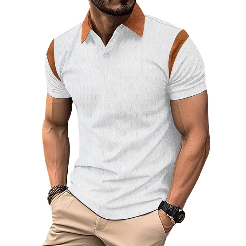 Summer New Slim Fit Polo Shirt Men Waffle Knit Jacquard Color-Block Turn-Down Collar Men's Wear Short Sleeve