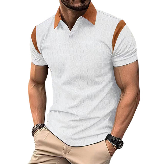 Summer New Slim Fit Polo Shirt Men Waffle Knit Jacquard Color-Block Turn-Down Collar Men's Wear Short Sleeve