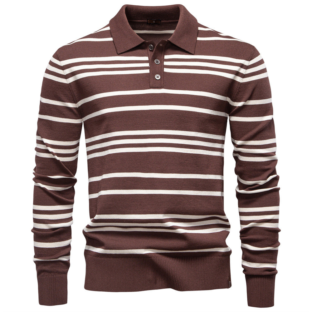 New Turn-Down Collar Striped Polo Knit Sweater for Men