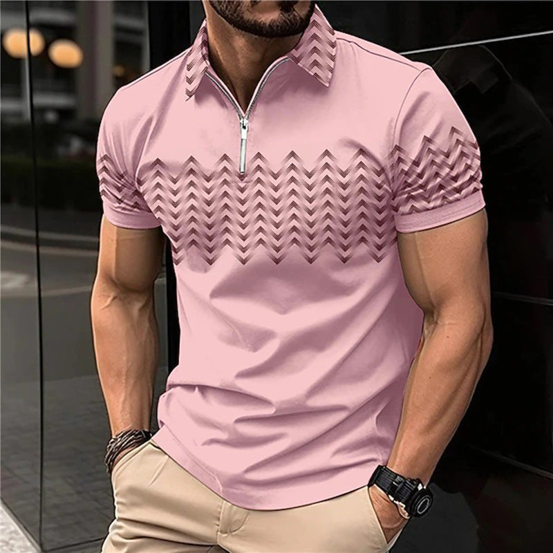 Men's Wear New Independent Site Supply Casual Color-Block Polo Zipper Turn-Down Collar Polo Shirt Short Sleeve