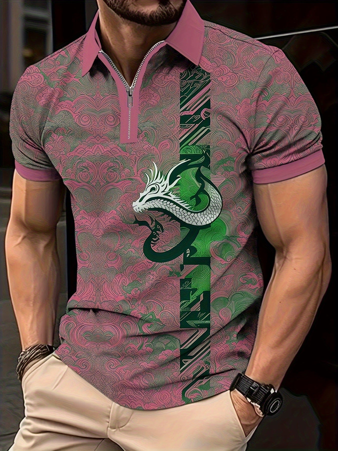 Men's Summer Hot Seller Dragon Pattern 3D Print Gradient Casual Business Zipper Short Sleeve Golf Polo Shirt