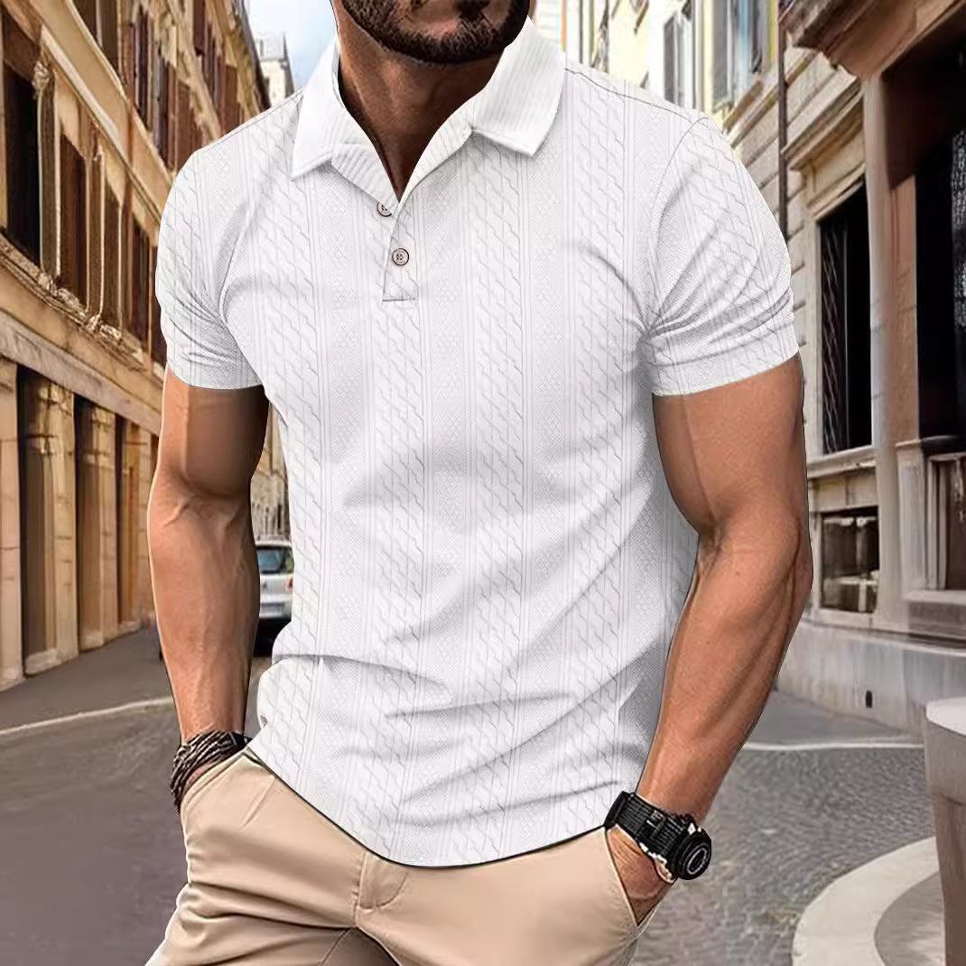 Ins Summer Polo Shirt Simple Fashion Solid Color Turn-Down Collar Men's Button Jacquard Short Sleeve