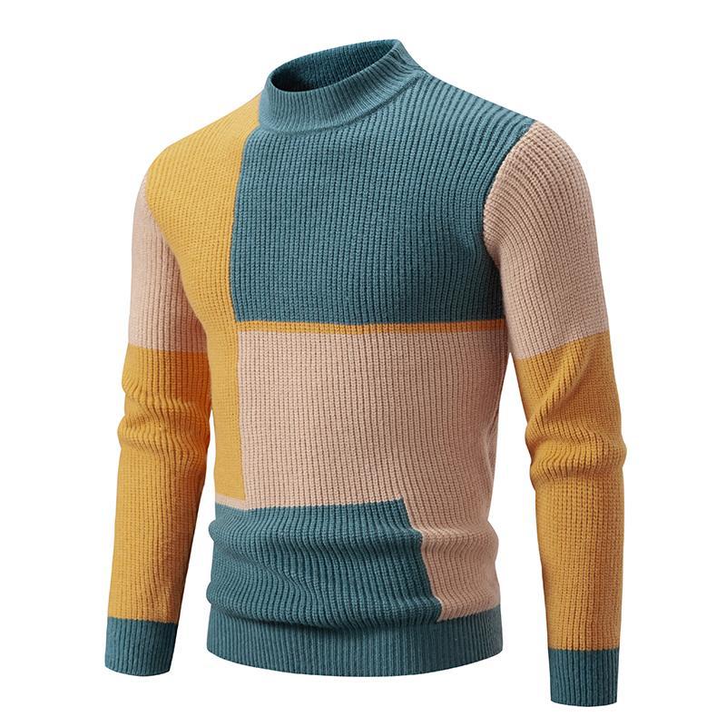 New Men's Mock Neck Color-Blocked Pullover Knit Sweater Korean Style Youth Fashion Top