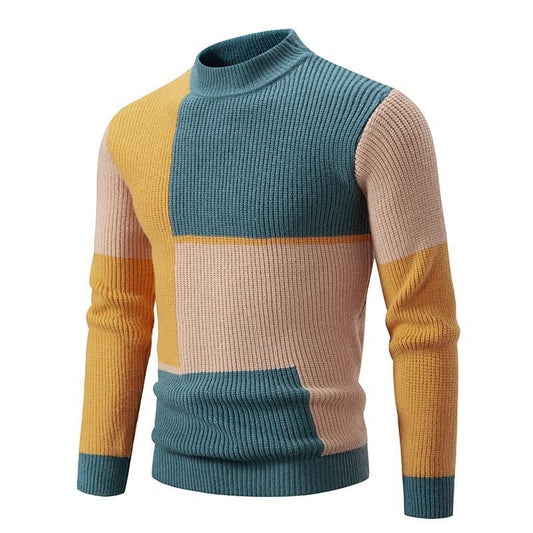 New Men's Mock Neck Color-Blocked Pullover Knit Sweater Korean Style Youth Fashion Top