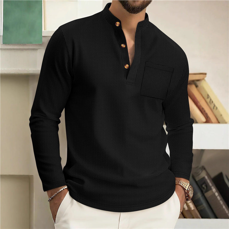 Autumn Men's New Waffle Knit Solid Color Stand Collar Pocket Long Placket Button Long Sleeve Polo Shirt