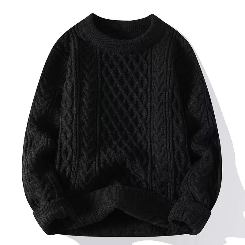 Men's Cable-Knit Sweater Casual Versatile Solid Color Round Neck Pullover