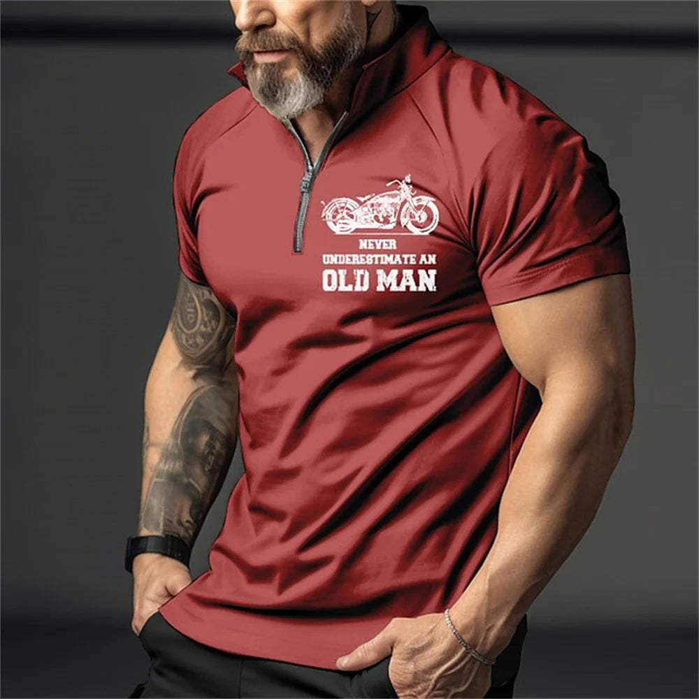 Retro Short Sleeve Men's Polo Shirt Motorcycle 3D Print Turn-Down Collar Zipper Men's Top High Quality Casual Wear