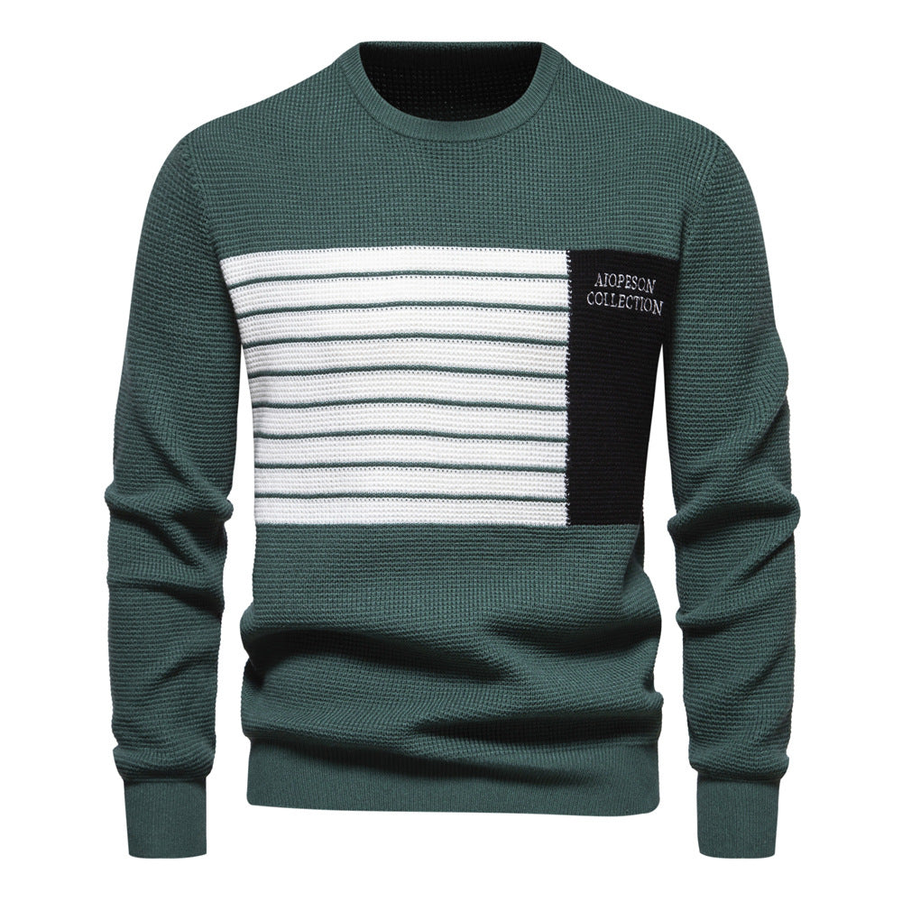 Autumn New Men's Sweater Striped Patch Long-Sleeve Round Neck Trendy Casual Knit