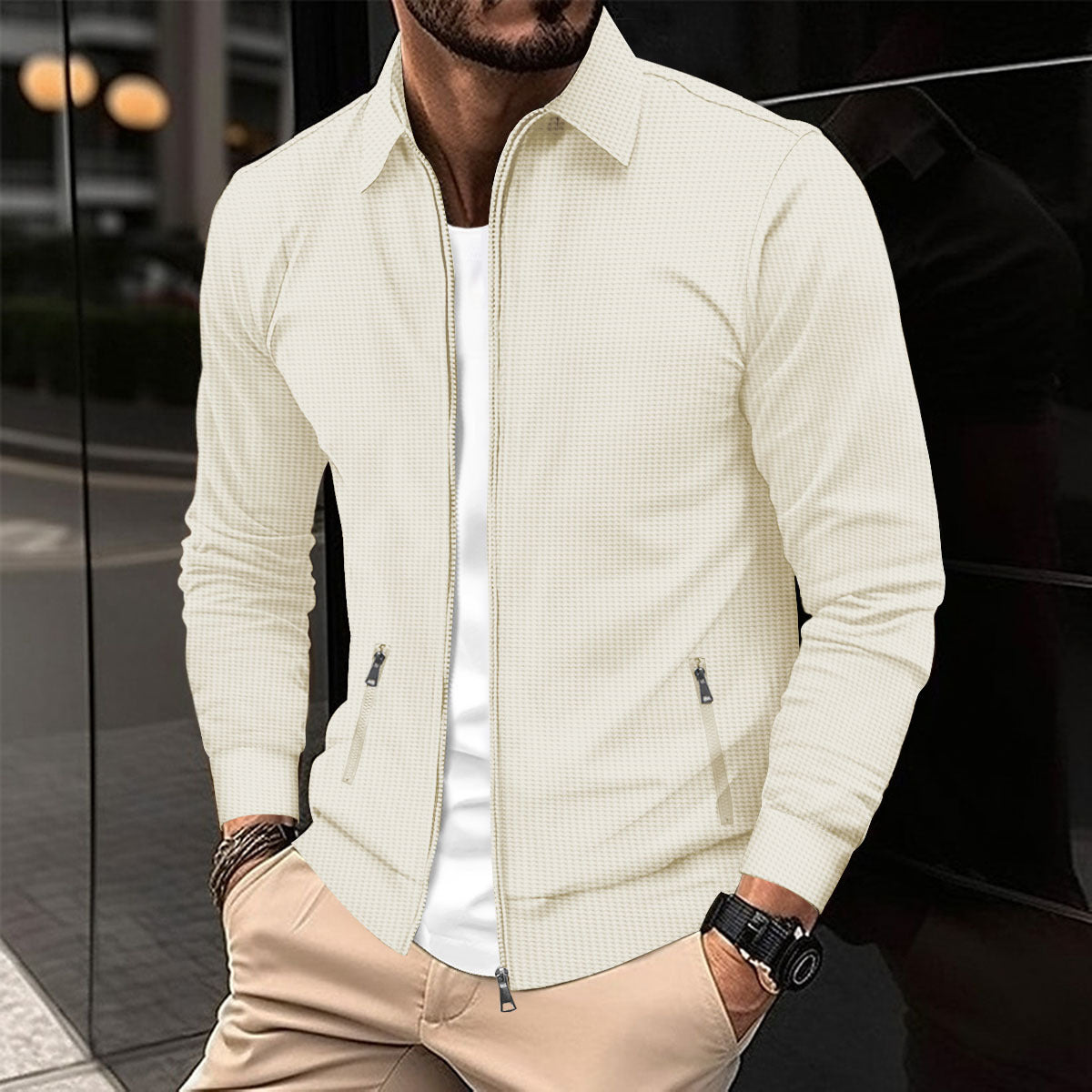 Men's Waffle Knit Zip-Up Pocket Lapel Slim-Fit Jacket