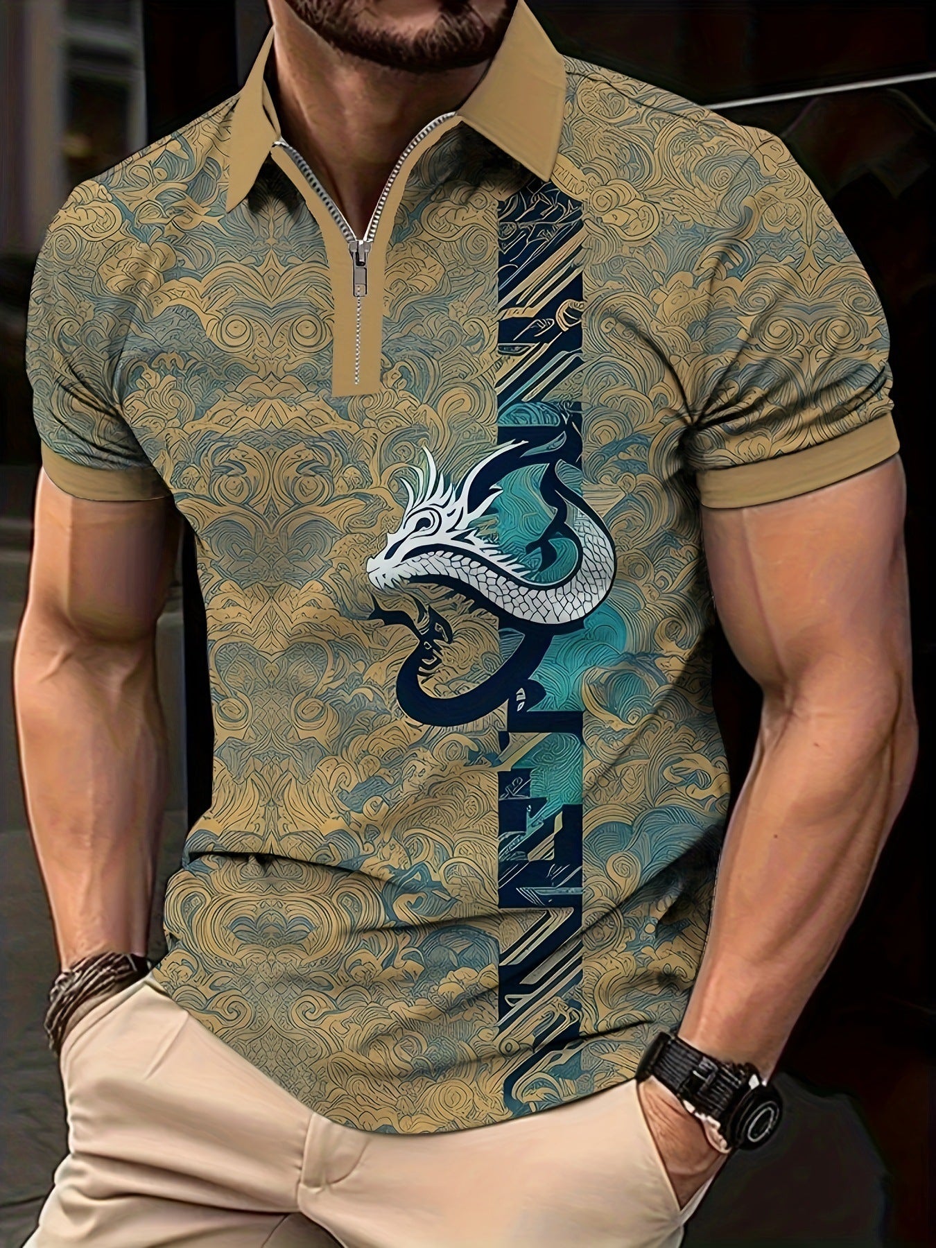 Men's Summer Hot Seller Dragon Pattern 3D Print Gradient Casual Business Zipper Short Sleeve Golf Polo Shirt