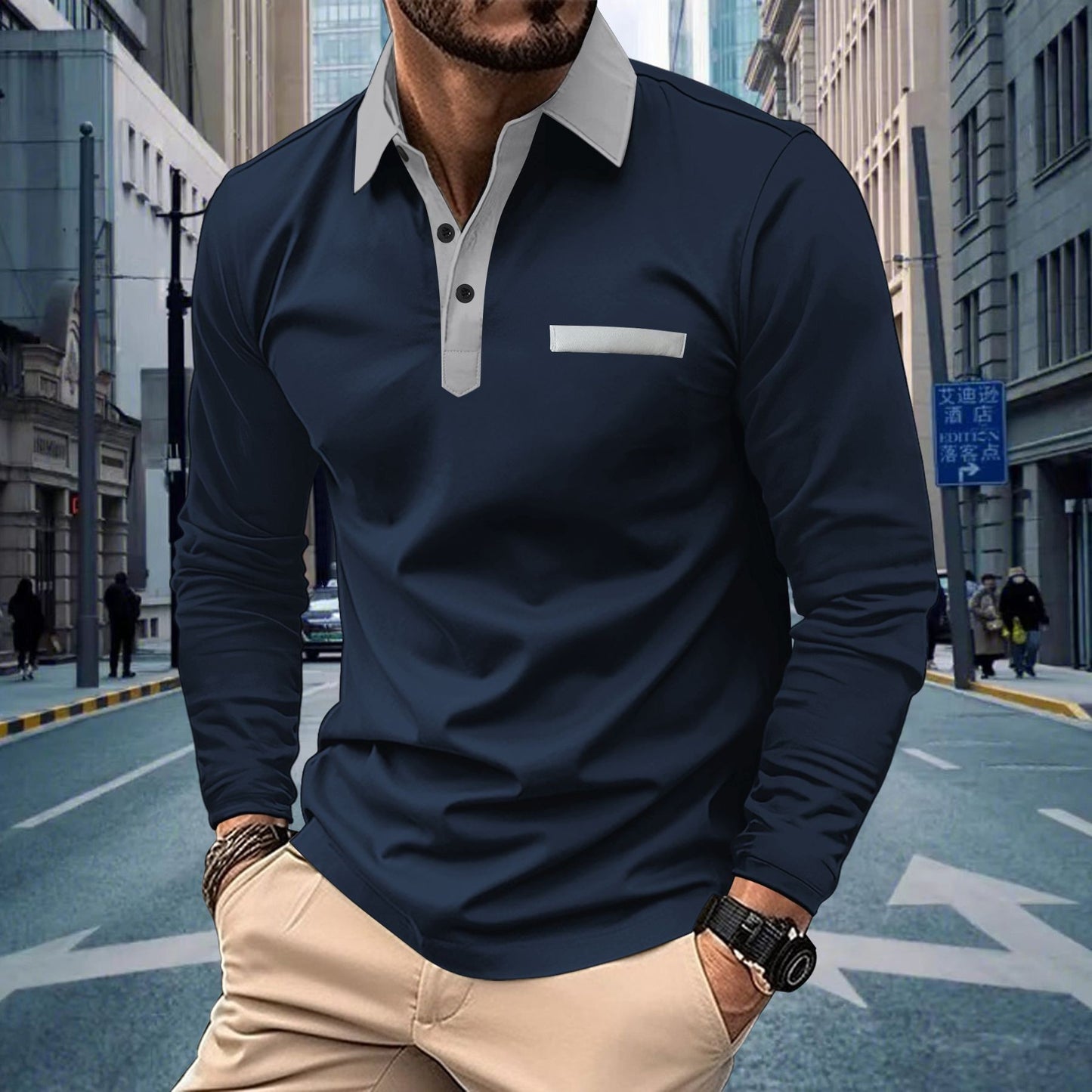 New Wish Autumn Men's Solid Color Casual Button Turn-Down Collar Long Sleeve Pocket Polo Shirt