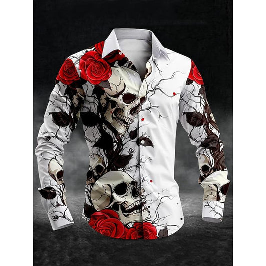 Men's Floral & Skull Print Long Sleeve Shirt Regular Fit