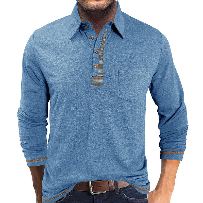 Men's Button-Down Collar Colored Cotton Long Sleeve Polo Casual Fashion Pocket Base Layer Top