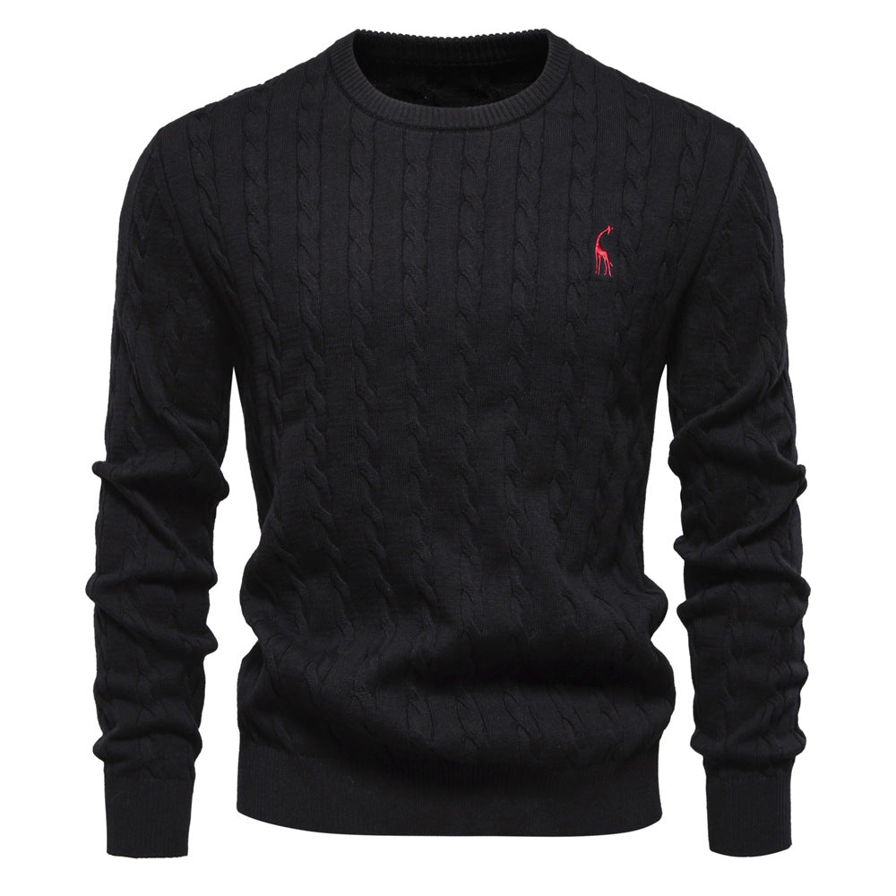 2025 Fall & Winter Men’s Pullover Sweater - High-Quality Solid Color Knit with Deer Embroidery