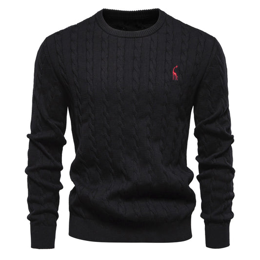 2025 Fall & Winter Men’s Pullover Sweater - High-Quality Solid Color Knit with Deer Embroidery