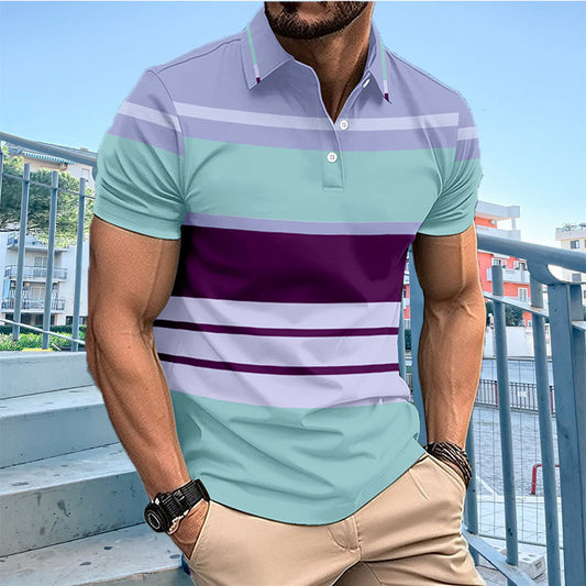 New Men's Casual Polo Shirt Digital Print Stripe Button Turn-Down Collar Top T-Shirt