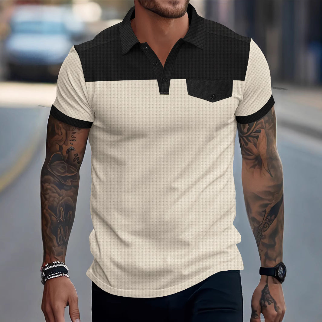 New Men's Waffle Knit Turn-Down Collar Color-Block Chest Pocket Button Polo Shirt