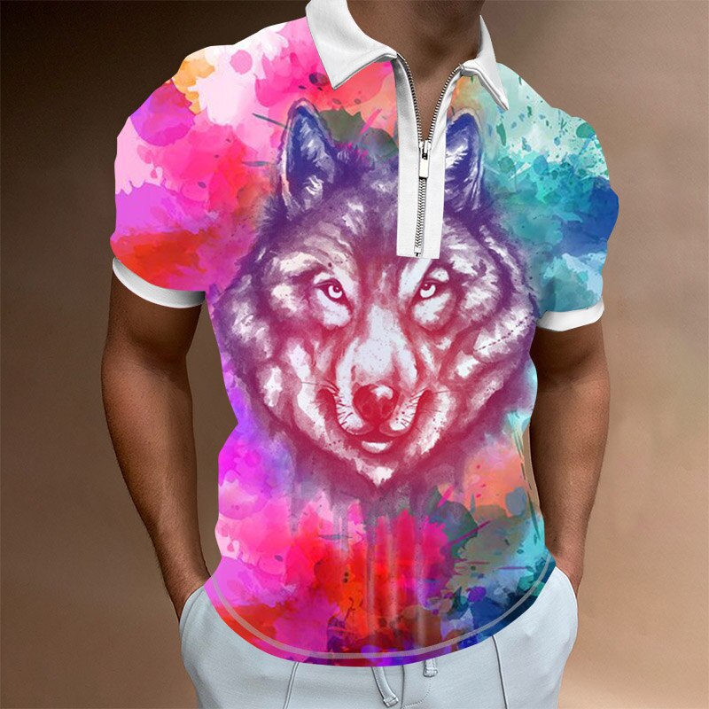 European Size 3D Digital Print Casual Tiger Niche Personality Zipper Polo