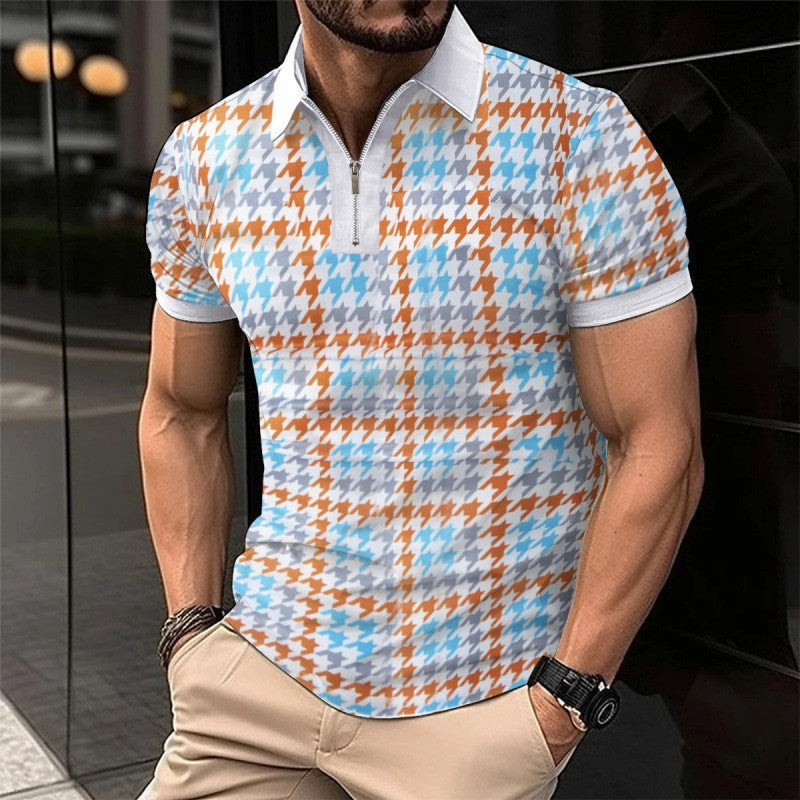 Trendy Men Summer Men's Short Sleeve Polo Shirt Turn-Down Collar Zipper Slim Fit Top T
