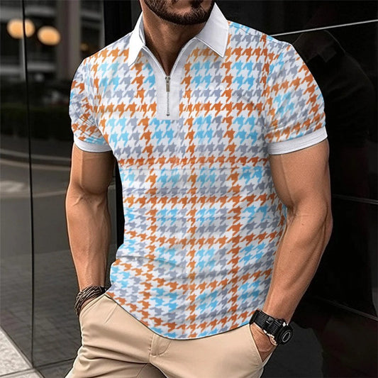 Trendy Men Summer Men's Short Sleeve Polo Shirt Turn-Down Collar Zipper Slim Fit Top T
