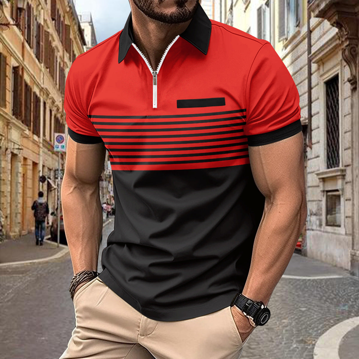 New Hot Sale Summer Polo Shirt Zipper Men's Print Stripe Polo