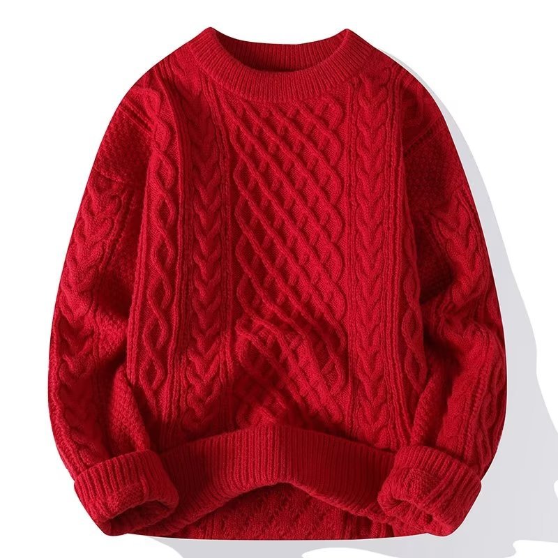 Men's Cable-Knit Sweater Casual Versatile Solid Color Round Neck Pullover