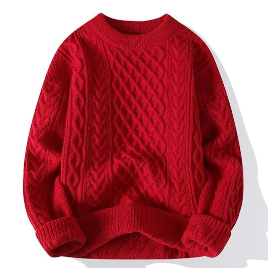Men's Cable-Knit Sweater Casual Versatile Solid Color Round Neck Pullover