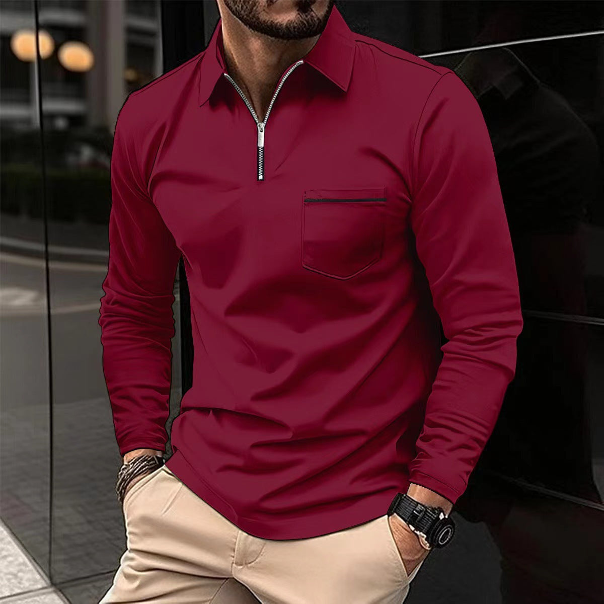 Spring Autumn Long Sleeve Polo Shirt Zipper Pocket Men's Sport Long Sleeve Top