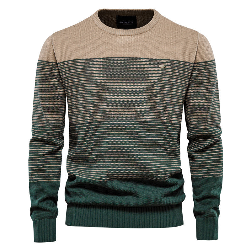 Retro Long-Sleeve Trendy Men's Sweater Slim Round Neck Striped Knit Fashion Top