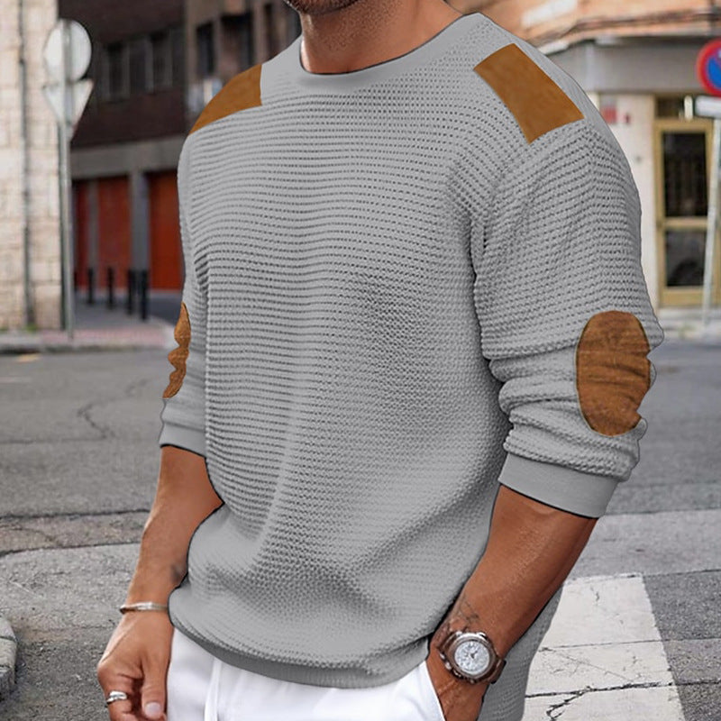 New Men's Knit Sweater Round Neck Long-Sleeve Patchwork Pullover Slim-Fit Top