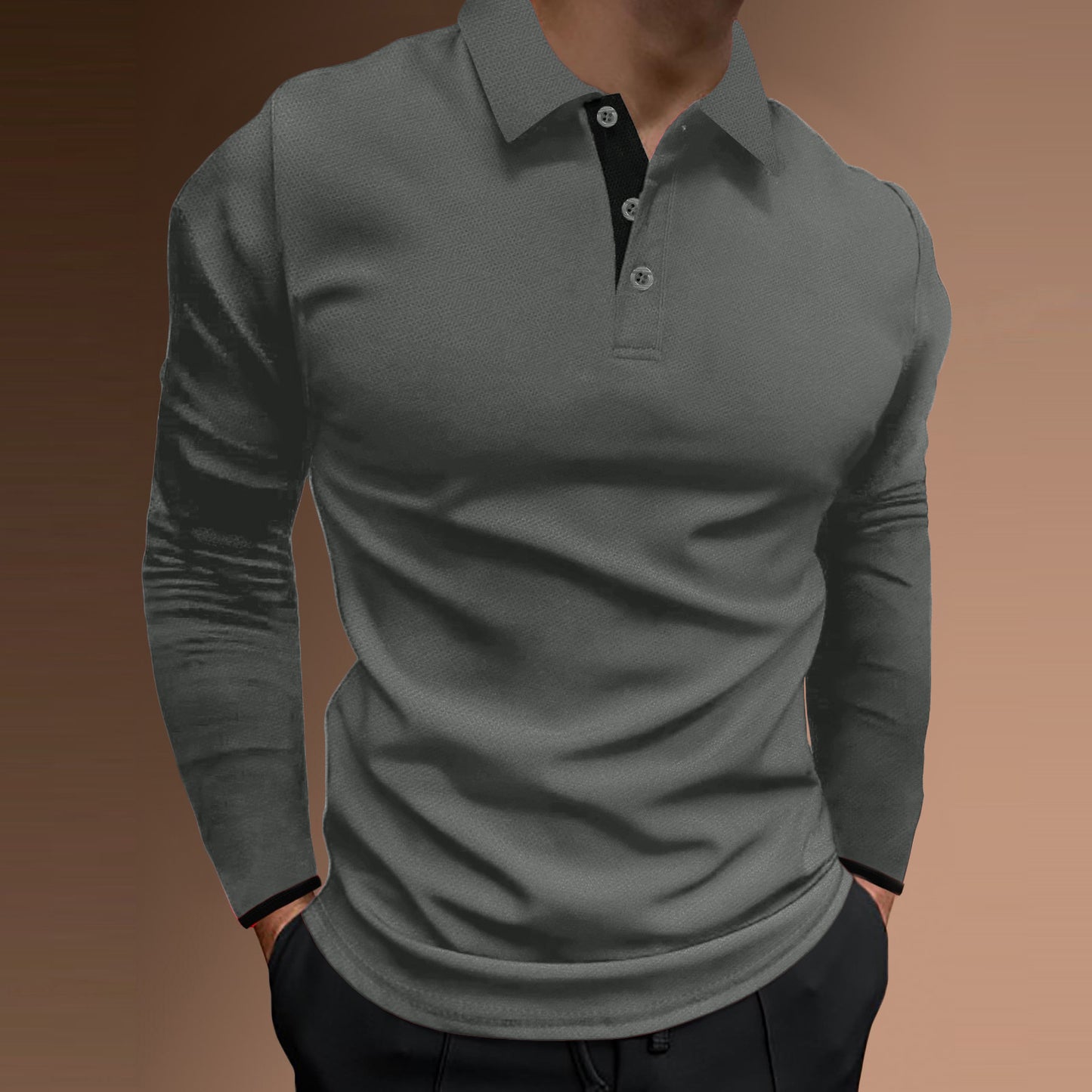 European Size Men's Autumn Sport Fitness Casual Stand Collar Elastic Stripe Long Sleeve Polo