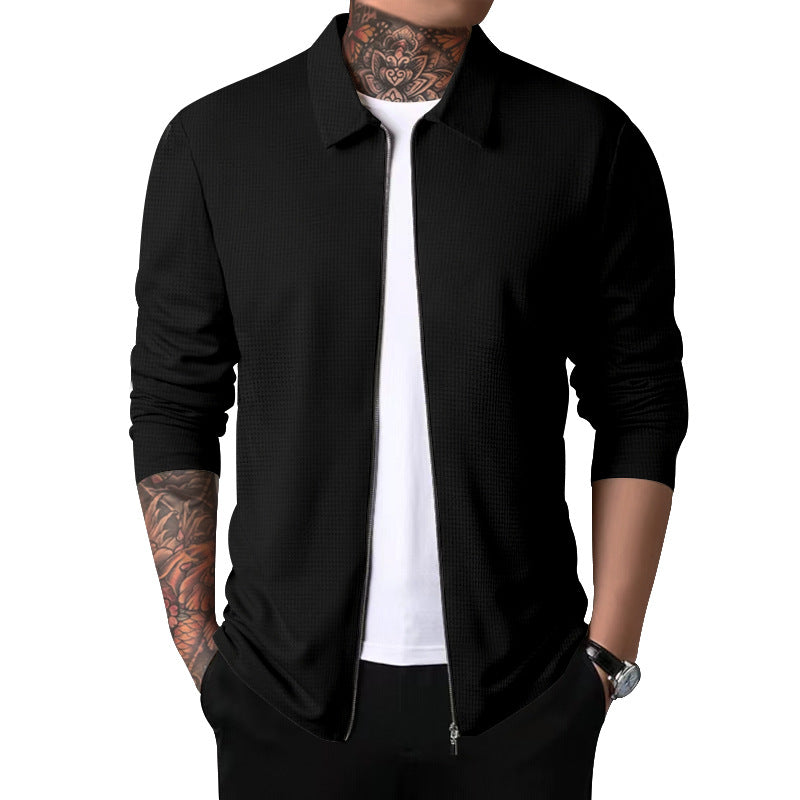 New Men's Zip-Up Waffle Knit Jacket Casual Long-Sleeve Lapel Coat