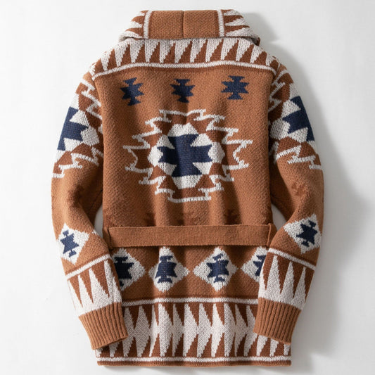Men's Heavy Jacquard Cardigan – Thick Belted Knitwear with Turn-Down Collar