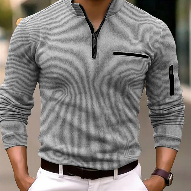 Autumn Polo Shirt Arm Zipper Men's Stripe Long Sleeve Sport Top