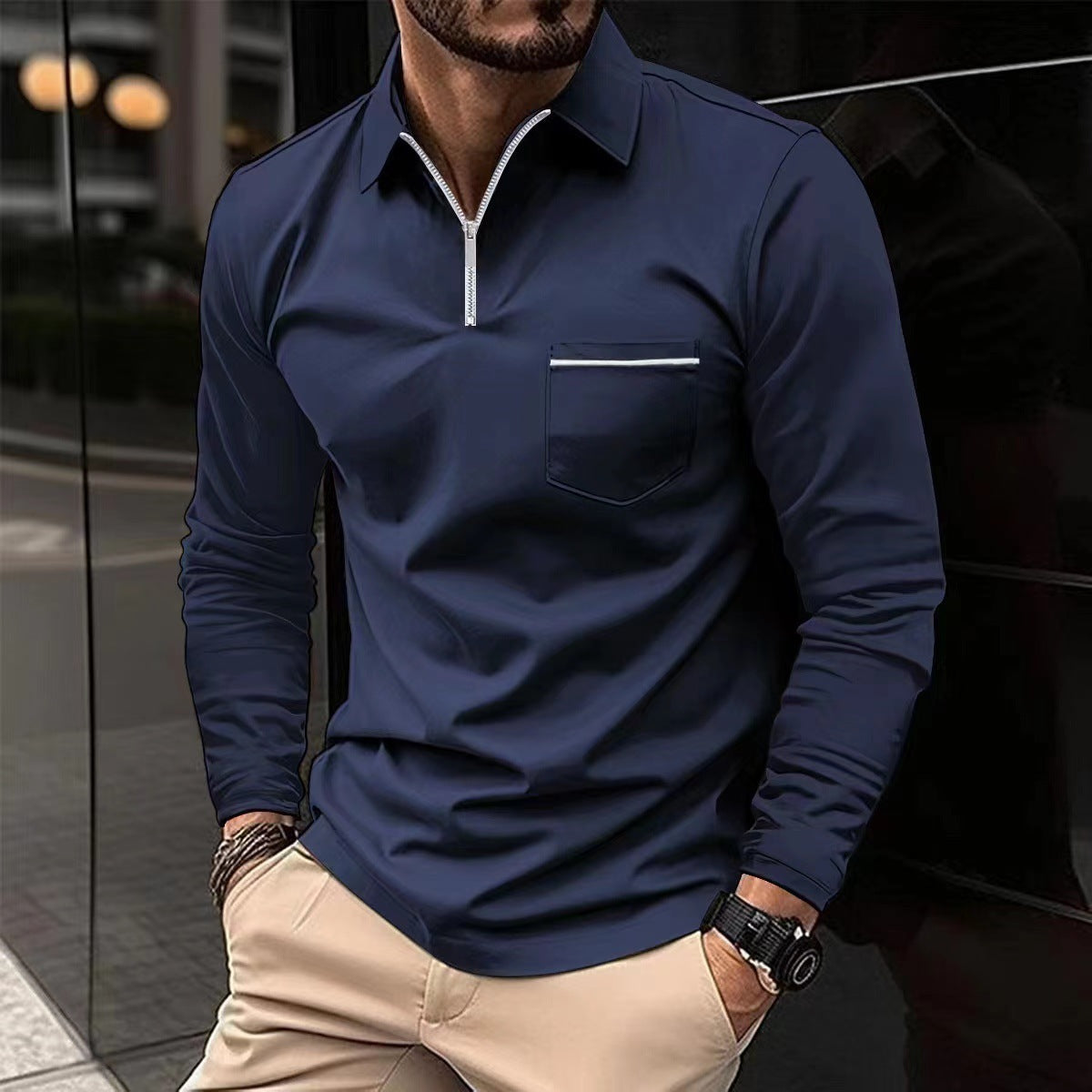 Spring Autumn Long Sleeve Polo Shirt Zipper Pocket Men's Sport Long Sleeve Top