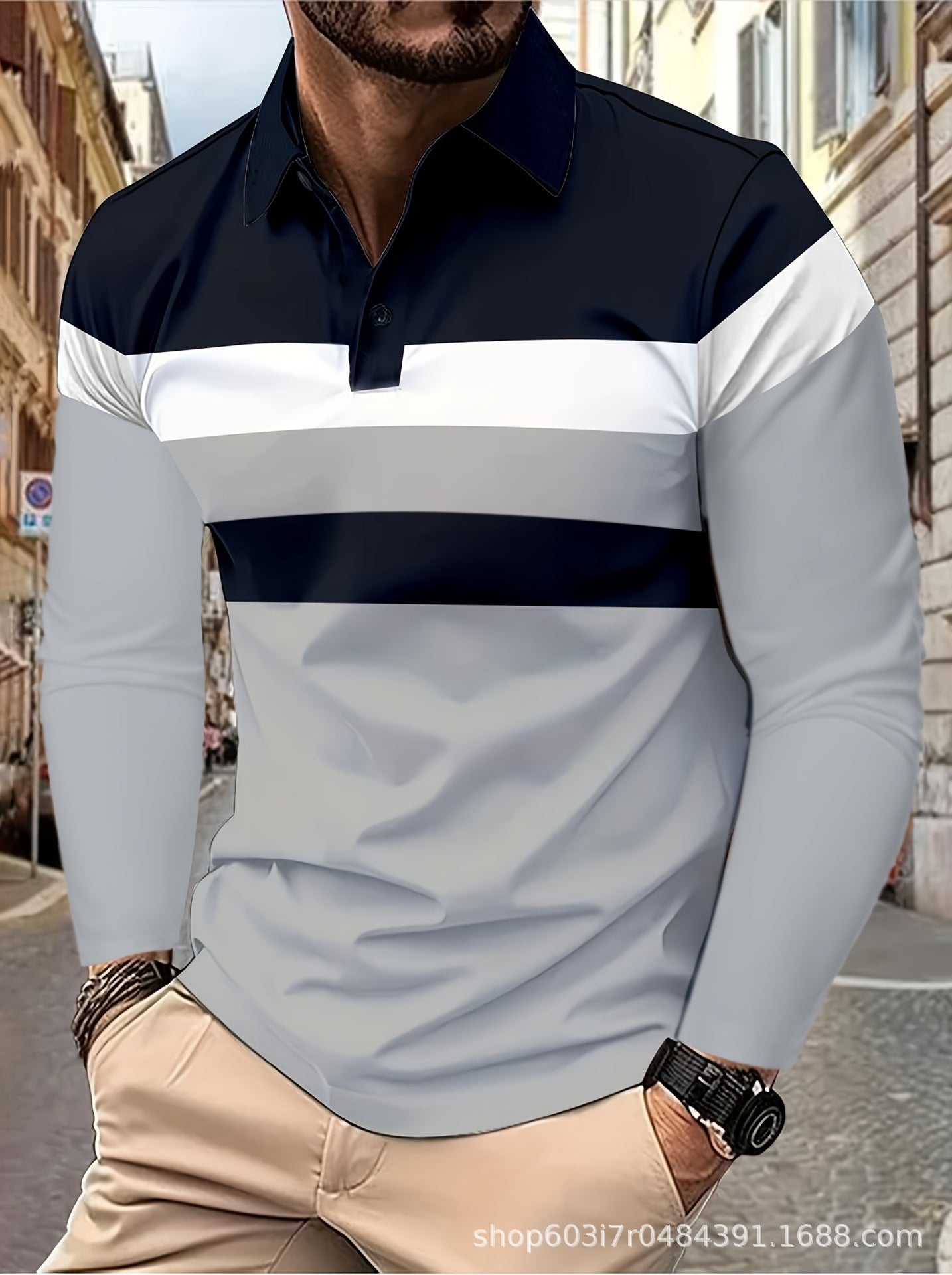 New Men's Casual Polo Shirt Long Sleeve 3D Print Spring Autumn Style Turn-Down Collar Top