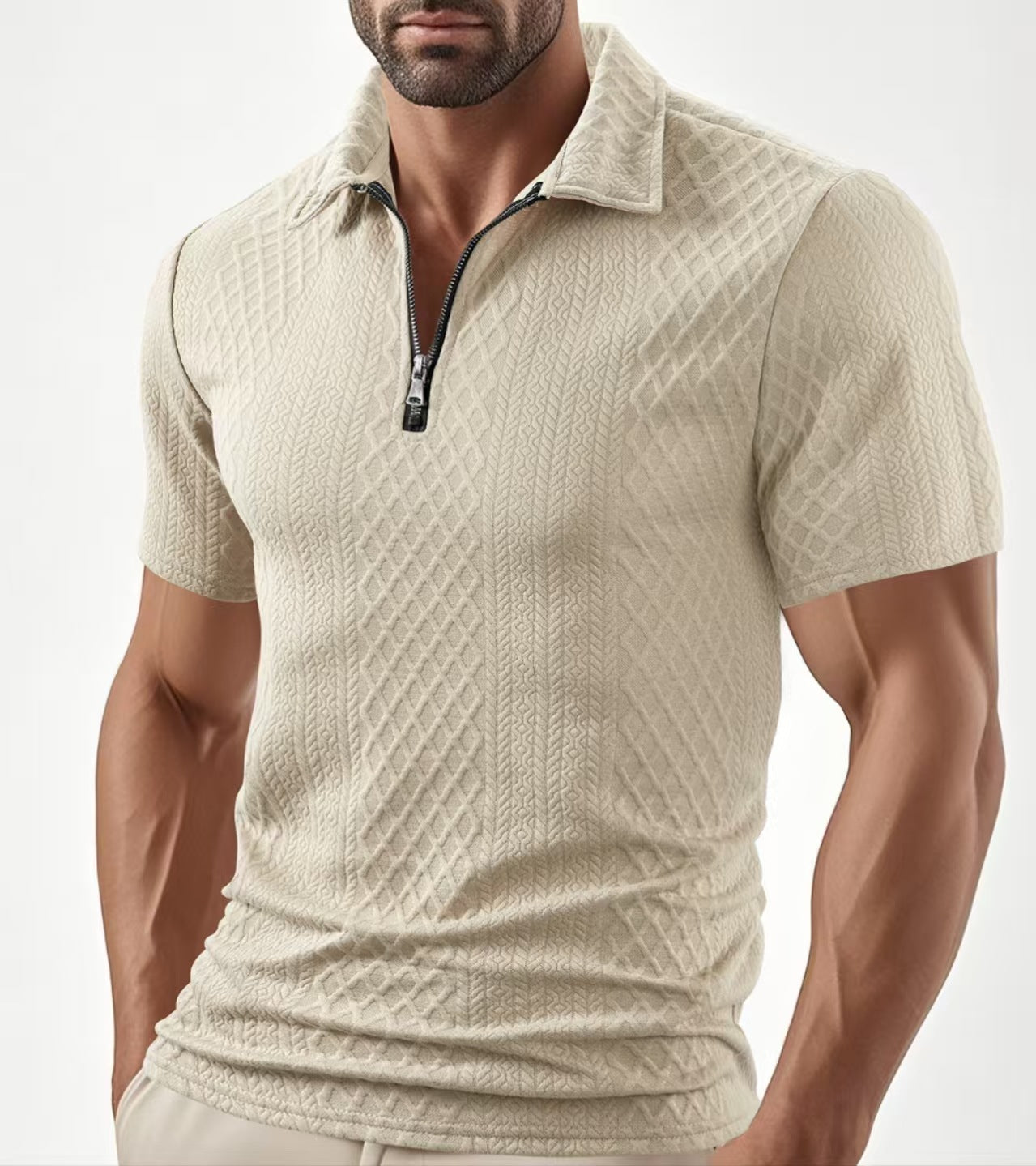 Men's Wear New Casual Polo Zipper Turn-Down Collar Shirt Solid Color Short Sleeve Business Slim Fit
