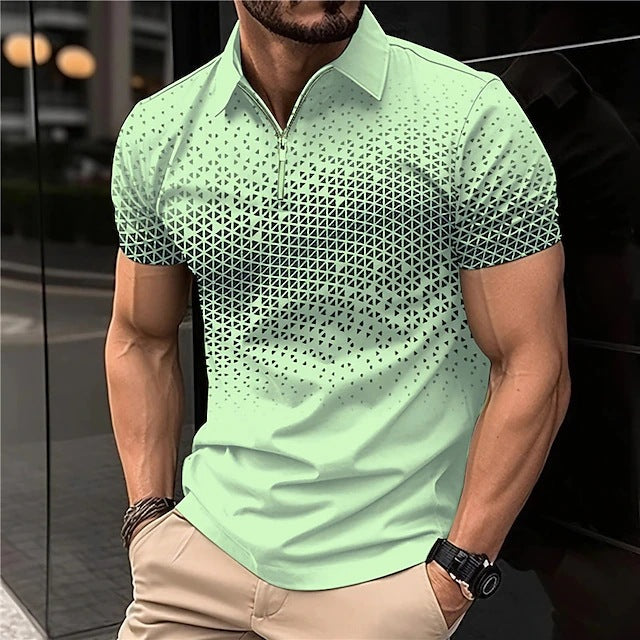 Men's Wear New Independent Site Supply Casual Color-Block Polo Zipper Turn-Down Collar Shirt Short Sleeve